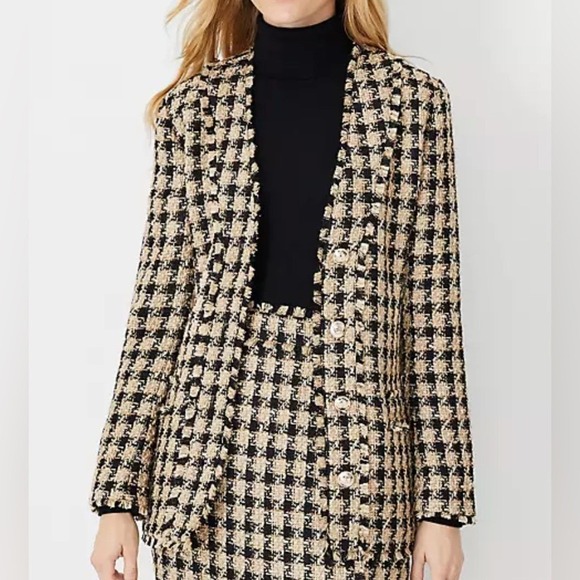 NEW Ann Taylor Tweed Jacket Blazer Houndstooth Fringe Trim Tan Black Size 8 NWT - Picture 2 of 10